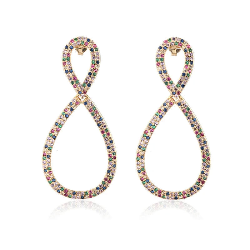 

Geometric Long Dangle Earrings Women Simple Luxury Colorful Zircon Gold Color Round Earring