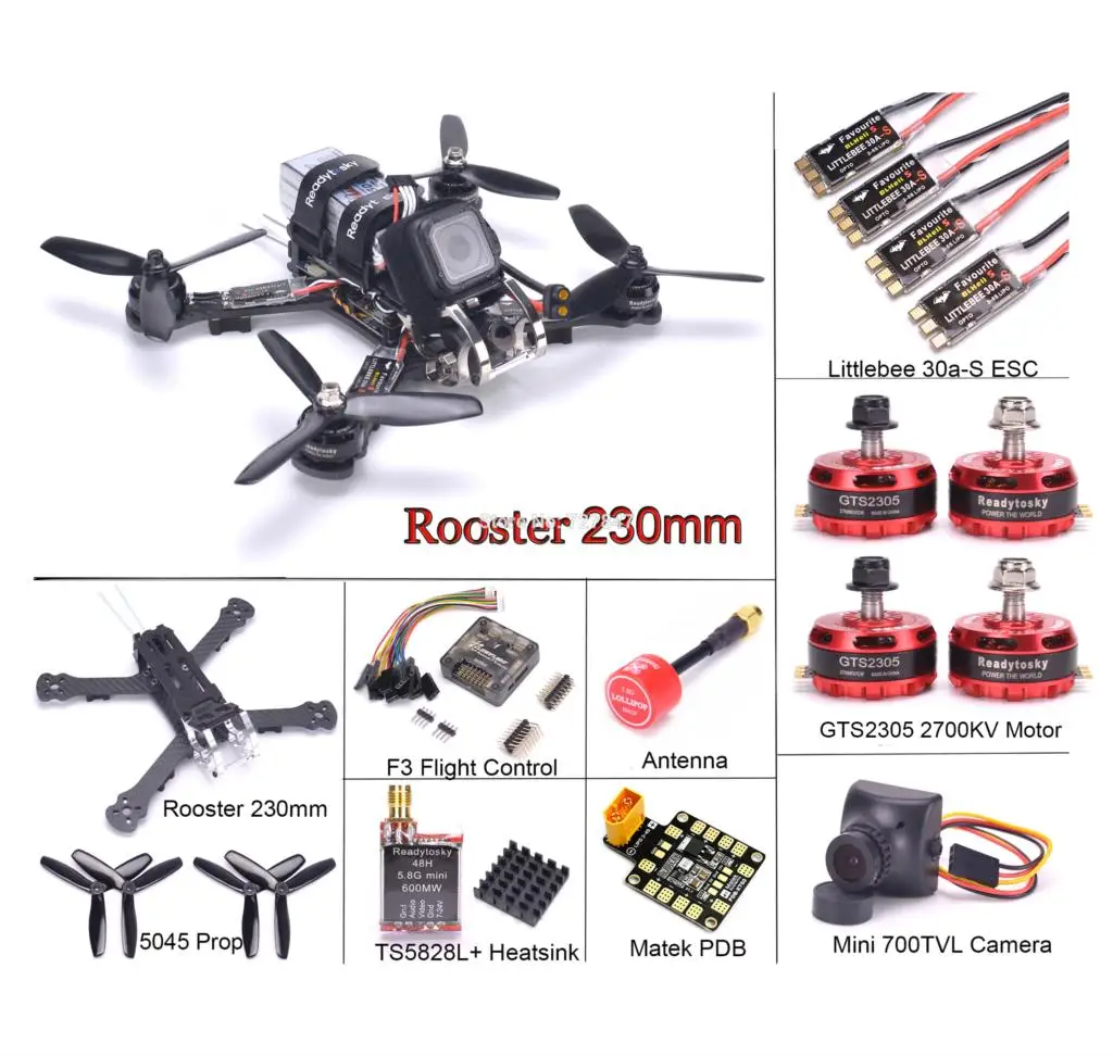 

Rooster 230 Carbon Fiber Quadcopter Kit F3 flight controller GTS2305 2700KV Motor Littlebee 30A-S For Rooster 230mm