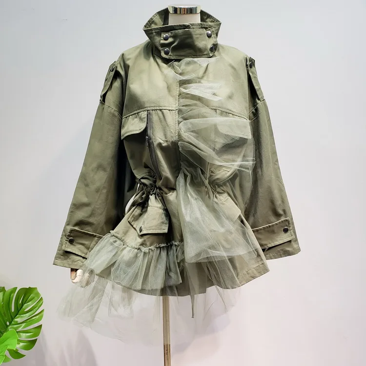

2019 New Loose High Neck Slim Trench Coat Army Green Khaki Mesh Stitching Solid Color Thin Autumn Coat