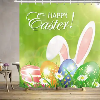 

Easter Day Shower Curtain, Rabbit Bunny Ears Easter Egg Wildflowers in Spring 69W X 70L Inches Waterproof Shower Curtains