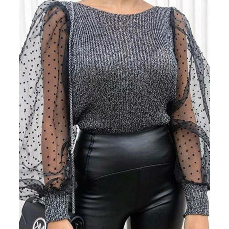 Women Blouse Sexy Dot Print Mesh Puff Long Sleeve Casual Club Shirt Tops OL Clothes Loose Women Blouses Casual Female Shirt