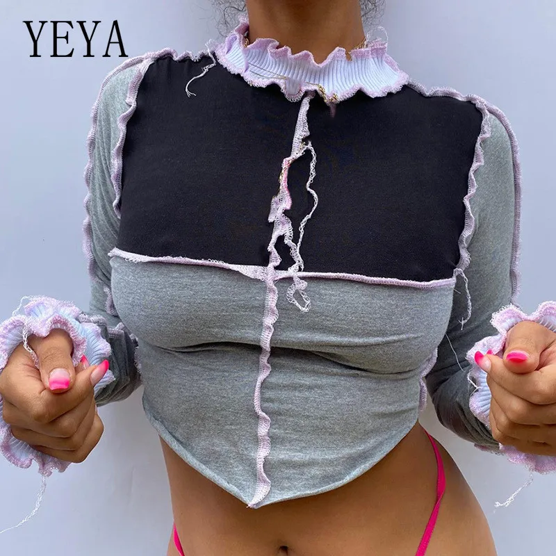 

YEYA Women Flare Sleeve Striped Patchwork Ribbed Soft Fabric Long Sleeve T Shirt Turtleneck Autumn Casual Streetwear Tops