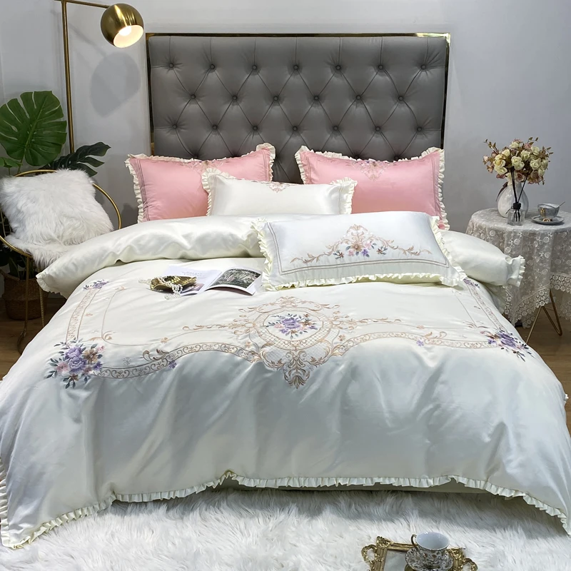 Luxury European Palace Bedding Set Satin Silk Cotton Floral Embroidery Double Duvet Cover Bed Linen Pillowcases Home Textile | Дом и сад