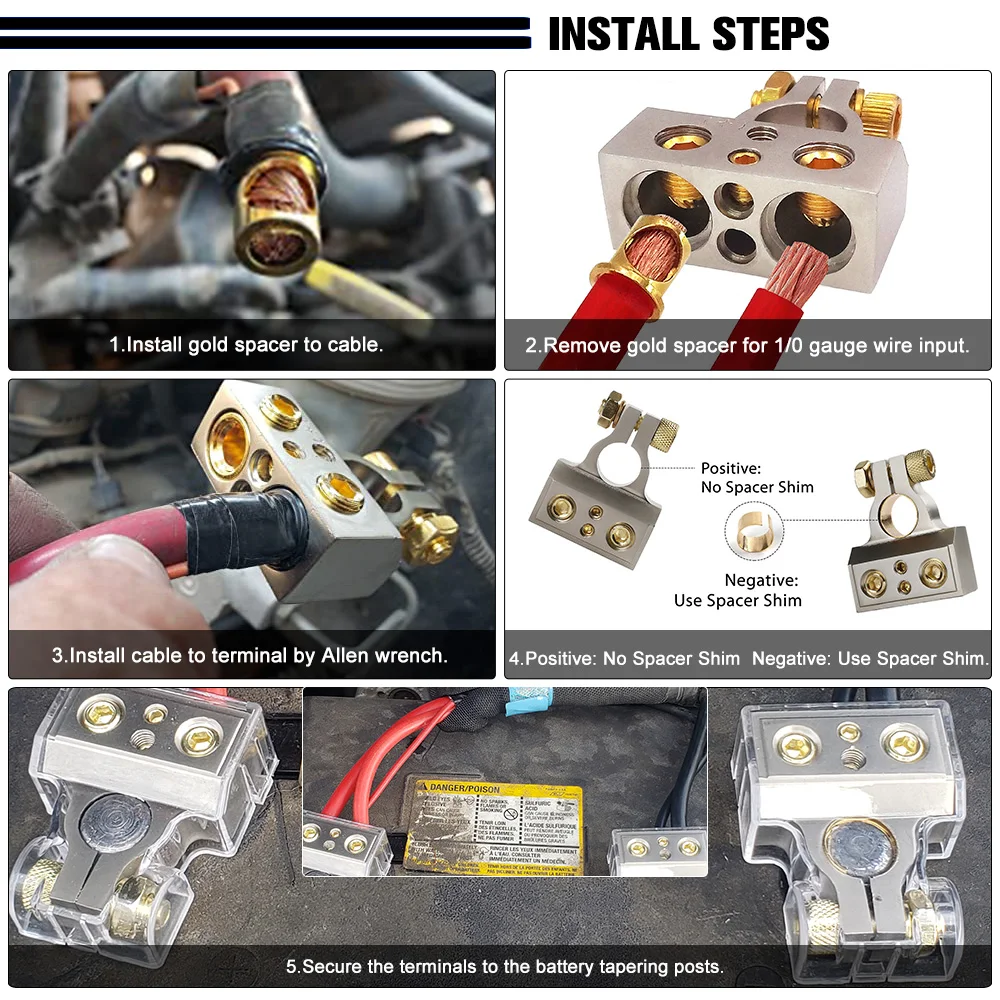 Universal Car Battery Terminal Connectors 0/4/8/10 Gauge AWG Positive Negative Auto Car Marine Battery Terminal Clamp and Shims