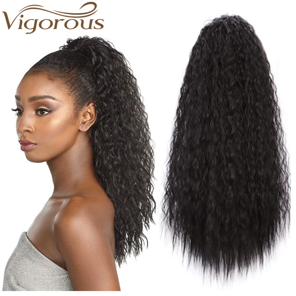 

Vigorous 22 Inches Long Ponytail Drawstring Hair Extension Synthetic Hairpiece Afro Curly Hair for Women Black Brown