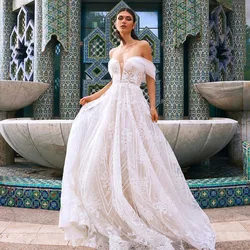 Sevintage Boho Wedding Dresses Off the Shoulder Lace Appliques V-Neck A-Line  Princess Bridal Dress Robe De Mariee Wedding Gown