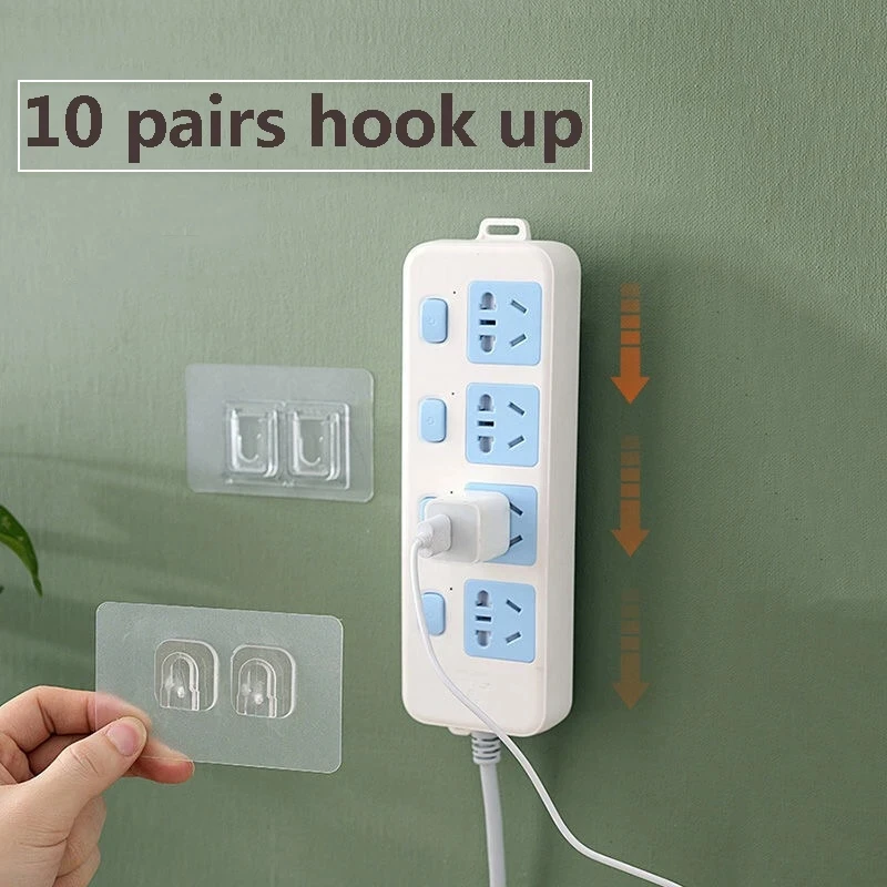 

10 Pair Household Double-sided Self Adhesive Wall Hooks Seamless Reusable Anti-slip Mounted Hook Phone Cable Organizer Clips