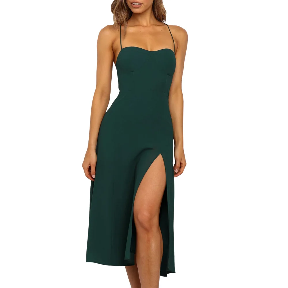 2020 Summer V-Neck Midi Party Dresses Women Backless High Split Slim Strap Sexy Club Dress Sling Green Long Female Vestido |