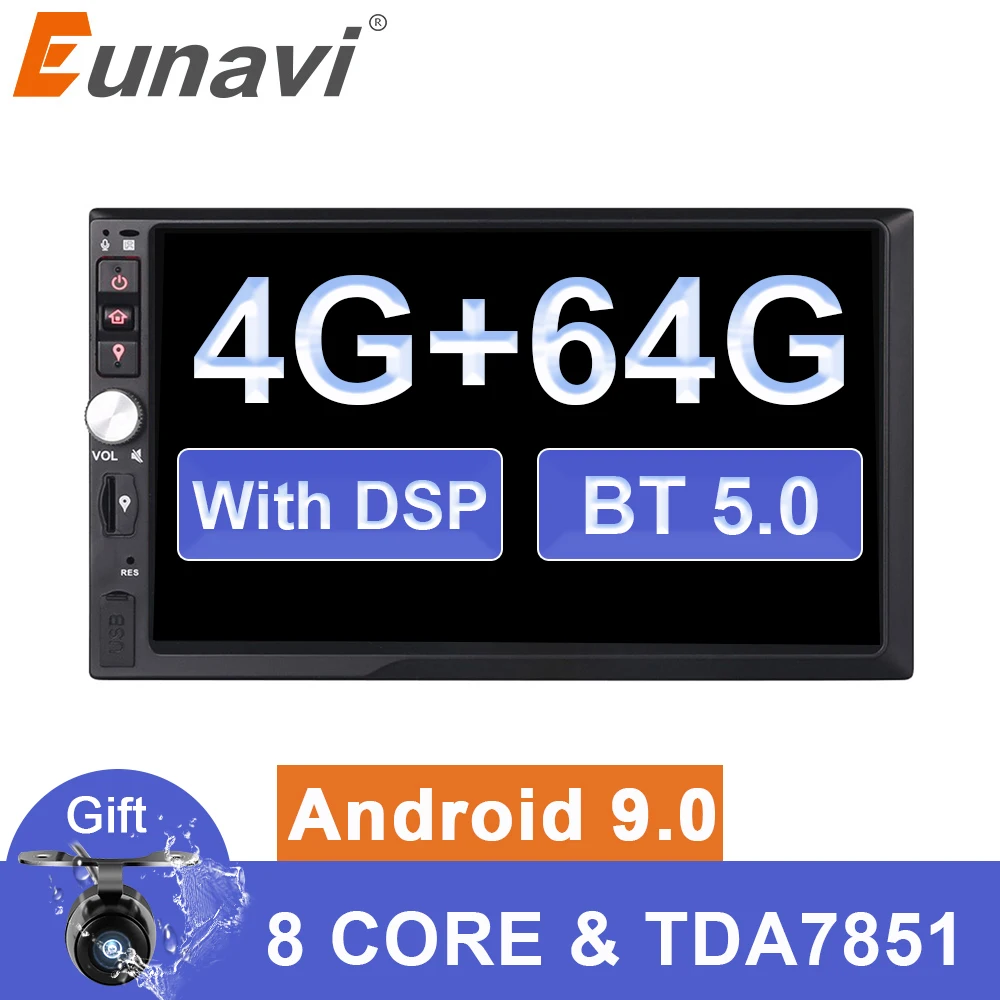 Eunavi 2Din 4GB 64GB 7'' Universal Android 9 Car Radio multimedia PC GPS Navi Stereo 1024*600 touch Screen bluetooth wifi NO DVD