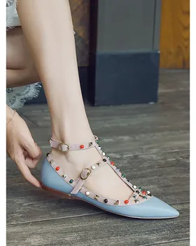 

Worry Girl WUYOUNVBeads flat-bottom rivet pointed-toe shoes willow nail flat-heeled shallow mouth shoes women