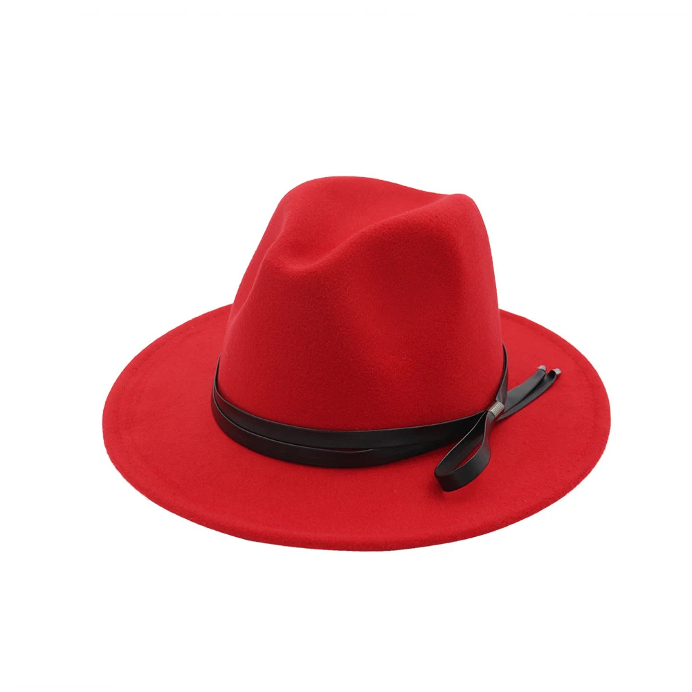 Red Мужская и Женская шерстяная шляпа Fedora с кожаным поясом широкий джазования с полями шляпа элегантная женская чародейная церковная джазовая шляпа размер 56-58 см - Color: Red