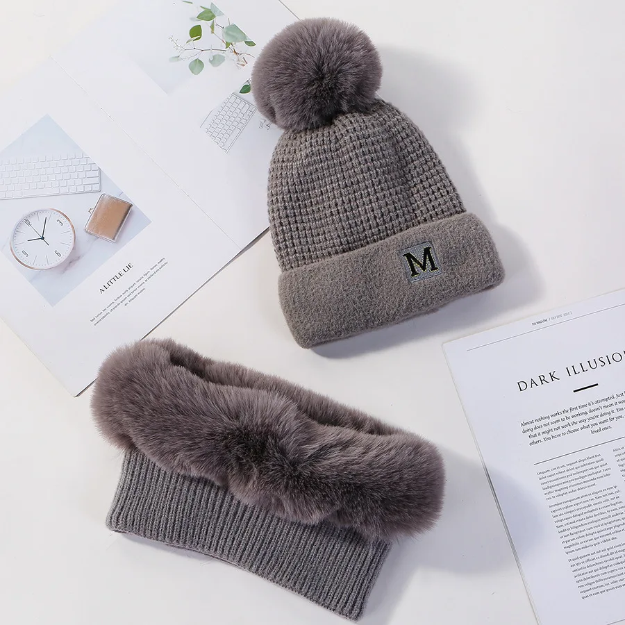 new cashmere beanie scarf set embroidery letter beanie solid color fur scarf set pom poms beanie