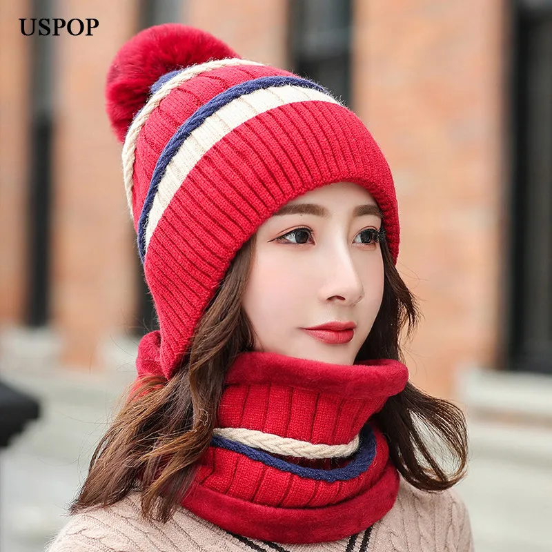 

USPOP 2019 New winter 2 pieces set women velvet lined skullies knitted thick warm winter hats striped pompom hats with scarf