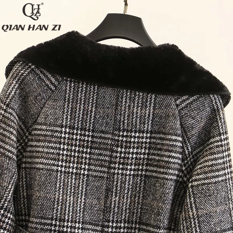 Qian Han Zi женское клетчатое длинное шерстяное пальто, Тренч, свободное теплое плотное двубортное пальто с отложным воротником, зимние пальто для женщин