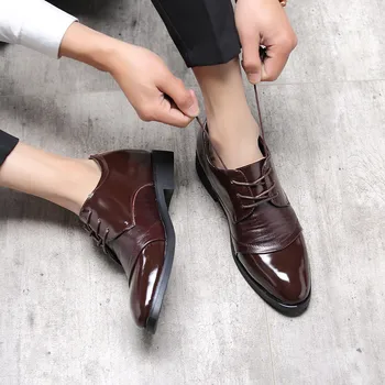 

Hidden Heels 6CM Genuine Leather Men Shoes Formal Brown Dress Shoes Men Lace Up Fashion Elegant Man Wedding Shoes Oxford Homens