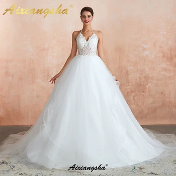 

Aixangsha Sexy Halter New Arrived Lace Sequin Custom Made Wedding Dresses Vestido De Noiva V Neck Backless Robe De Mariage