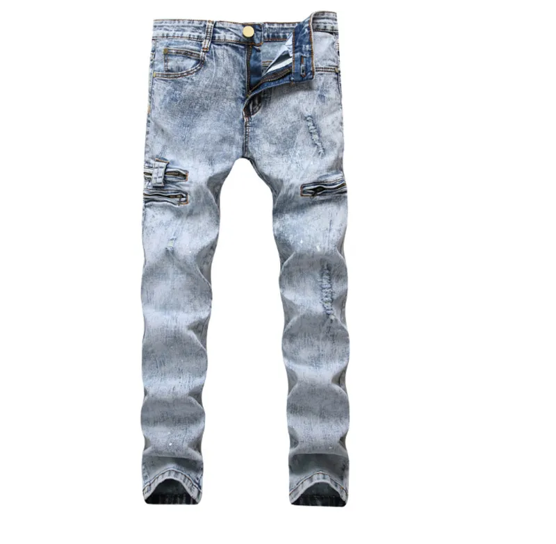

HOT 2019 Fashion Casual Biker jeans men's jeans stretch Pleated Vintage high street locomotive Denim hip hop streetwear pants