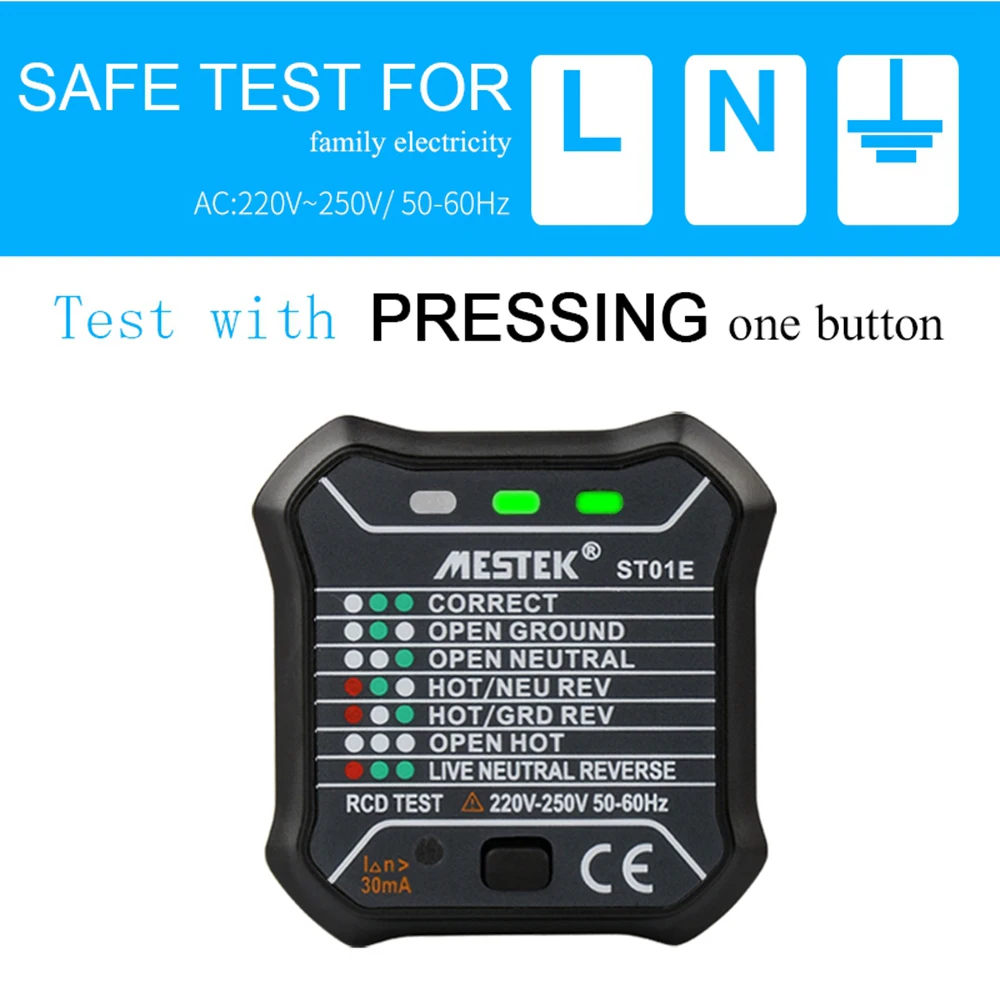 

MESTEK Portable Socket Tester Wire Receptacle Tester Polarity Circuit Detector Wall Plug Detection Tool 220~250V