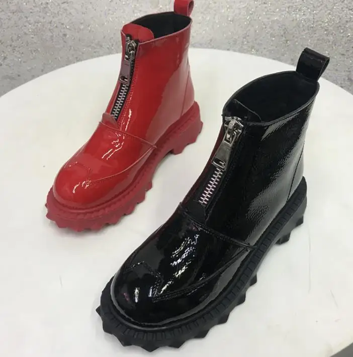 Высококачественные Дизайнерские ботильоны на низком каблуке с молнией спереди; женские байкерские ботинки с круглым носком; женская обувь
