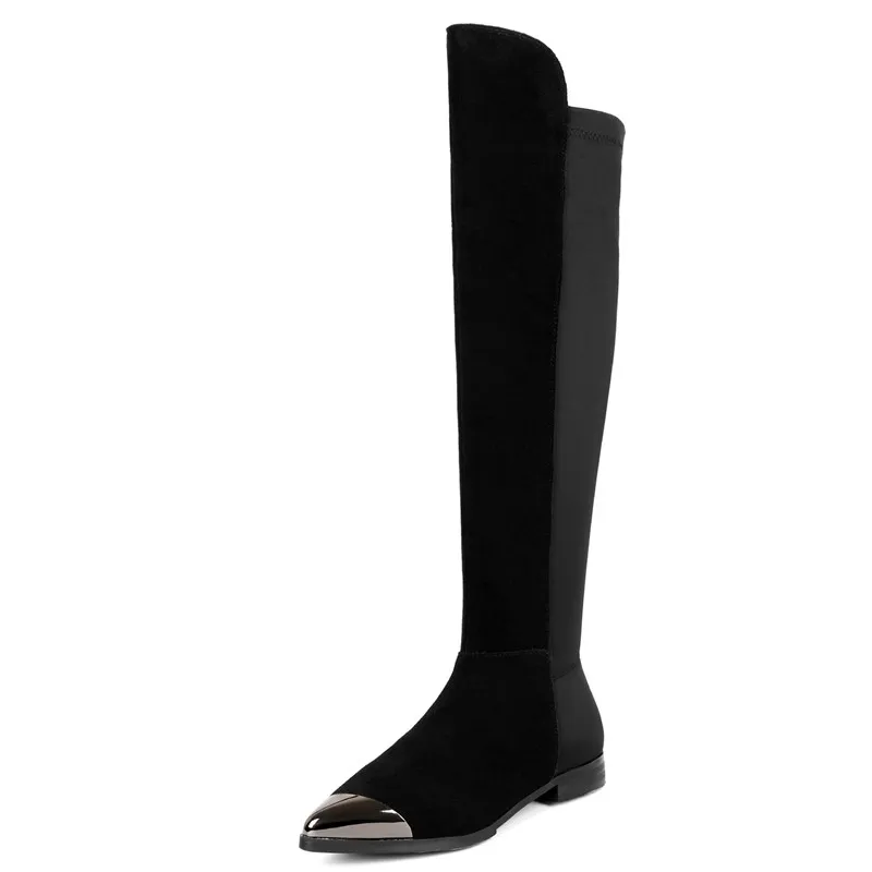 FEDONAS/женские сапоги до колена с металлическим острым носком; теплые высокие сапоги из коровьей замши в стиле пэчворк; обувь для выпускного вечера; женская обувь на высоком каблуке; большие размеры