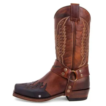 

Genuine Leather Shoes Men Boots Mid-calf Knight Boots Winter Shoes Retro Embroidery Autumn Winter Boots Male Footwear Plus Size