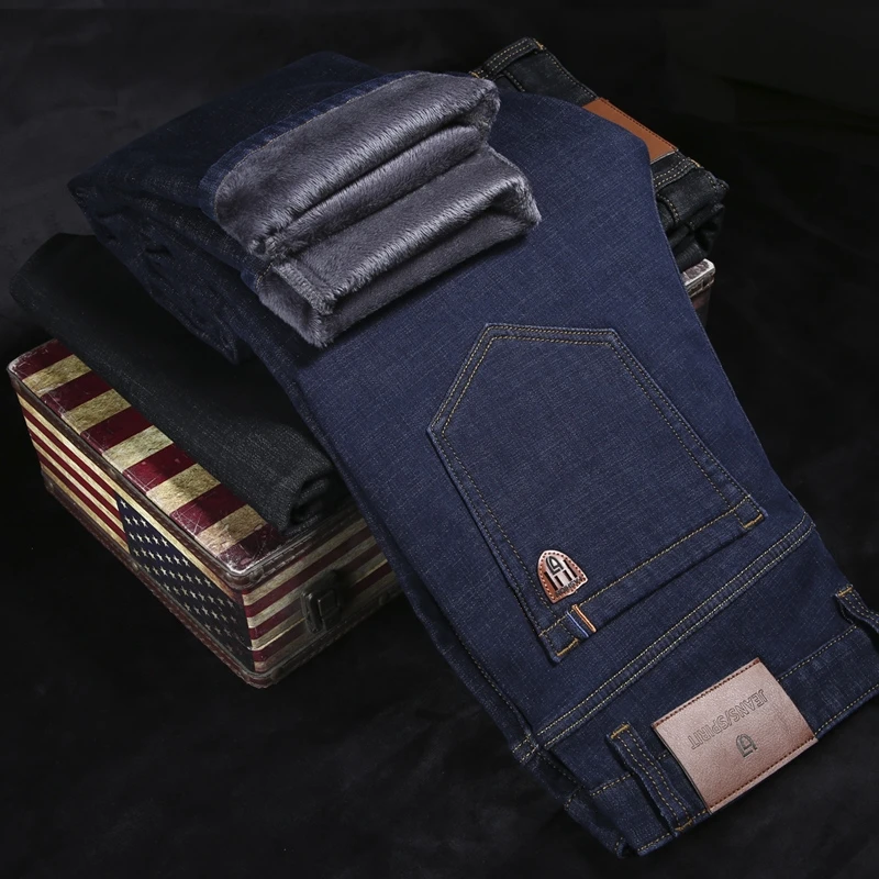 Denim Jeans Brand-Clothing Thick Straight Casual Mens Cotton Warm Classic Winter Business