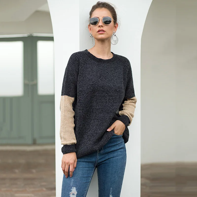Womens Long Sleeve O-neck Patchwork Womens Sweater European Style Thin Woman Sweater Autumn Spring Sweaters