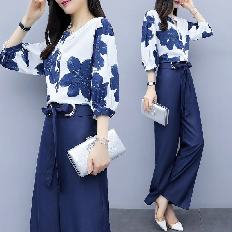 

Spring Summer Chiffon Floral Print Two Piece Sets Women Blouses And Wide Leg Pants Suits Elegant Fashion Office Ladies Outfits