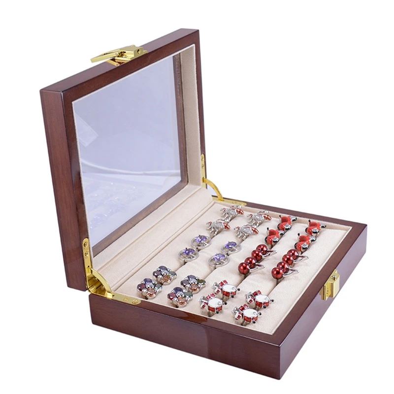 

Jewelry Luxury Glass Box Storage 12Pairs Capacity Ring Box Painted Wooden Box Authentic Size 185x150x46Mm