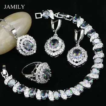 

Egg Rainbow CZ Beads Jewelry Sets Wedding Decoration for Women Gifts Earrings Pendant Ring Necklace Bracelet Set