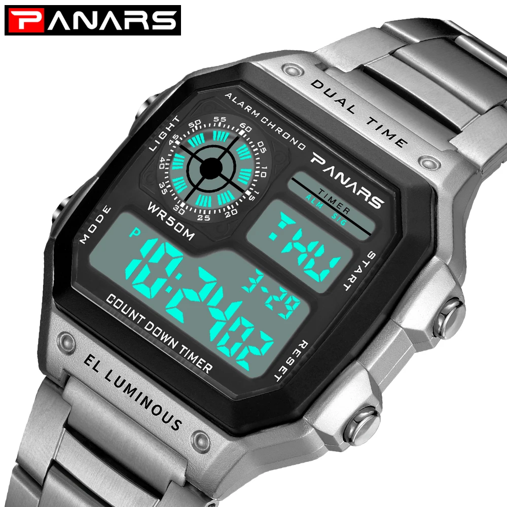 

Fashion Men's Watch PANARS Sport Watches Silver Stainless Steel Strap Mens Clock Stopwatch Chronograph Led Waterproof Wristwatch