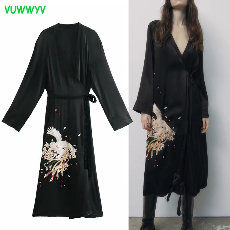 VUWWYV Za 2021 Black Contrast Phoenix Embroidery Dress Women Long Kimono Vintage Wrap Maxi Woman Dress Full Sleeve Belt Dresses