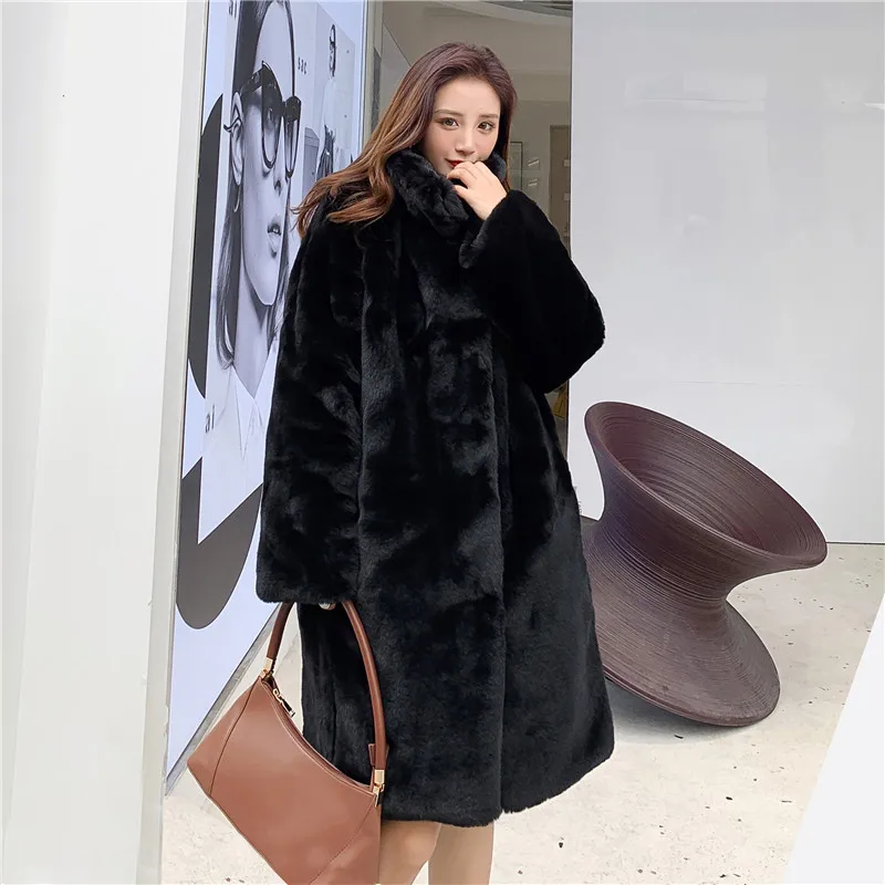 Женское зимнее модное длинное пальто из искусственного меха, однотонное свободное теплое пальто с отложным воротником, Мягкое повседневное пальто с длинным рукавом и карманами