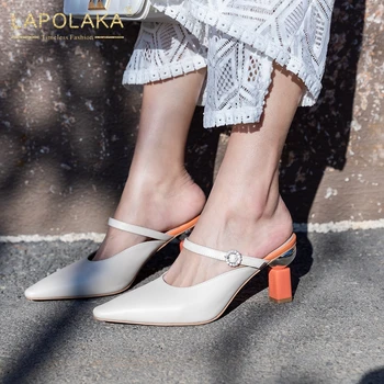 

Lapolaka 2020 New Design Genuine Cow Leather Pointed Toe Summer Shoes Woman Pumps Mules Slip On High Heels Pumps Women