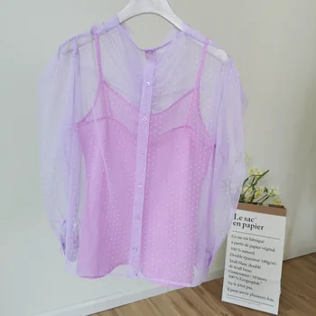 

2020 Spring Two-piece Set Women Lace Blouse Polka Dot Sweet Pullover Sweet Mesh Ladies Shirt