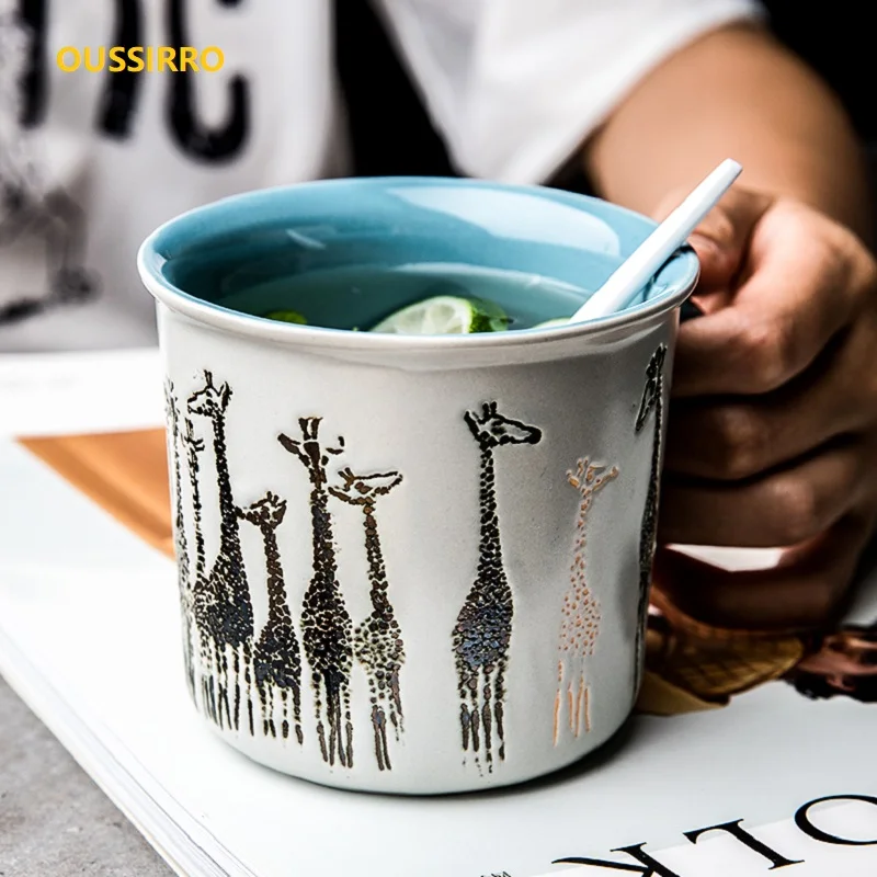 

OUSSIRRO European style Mug Simple Giraffe Pattern Ceramics coffee Mugs Lid and Spoon with Gift Box Christmas Gift for Friends