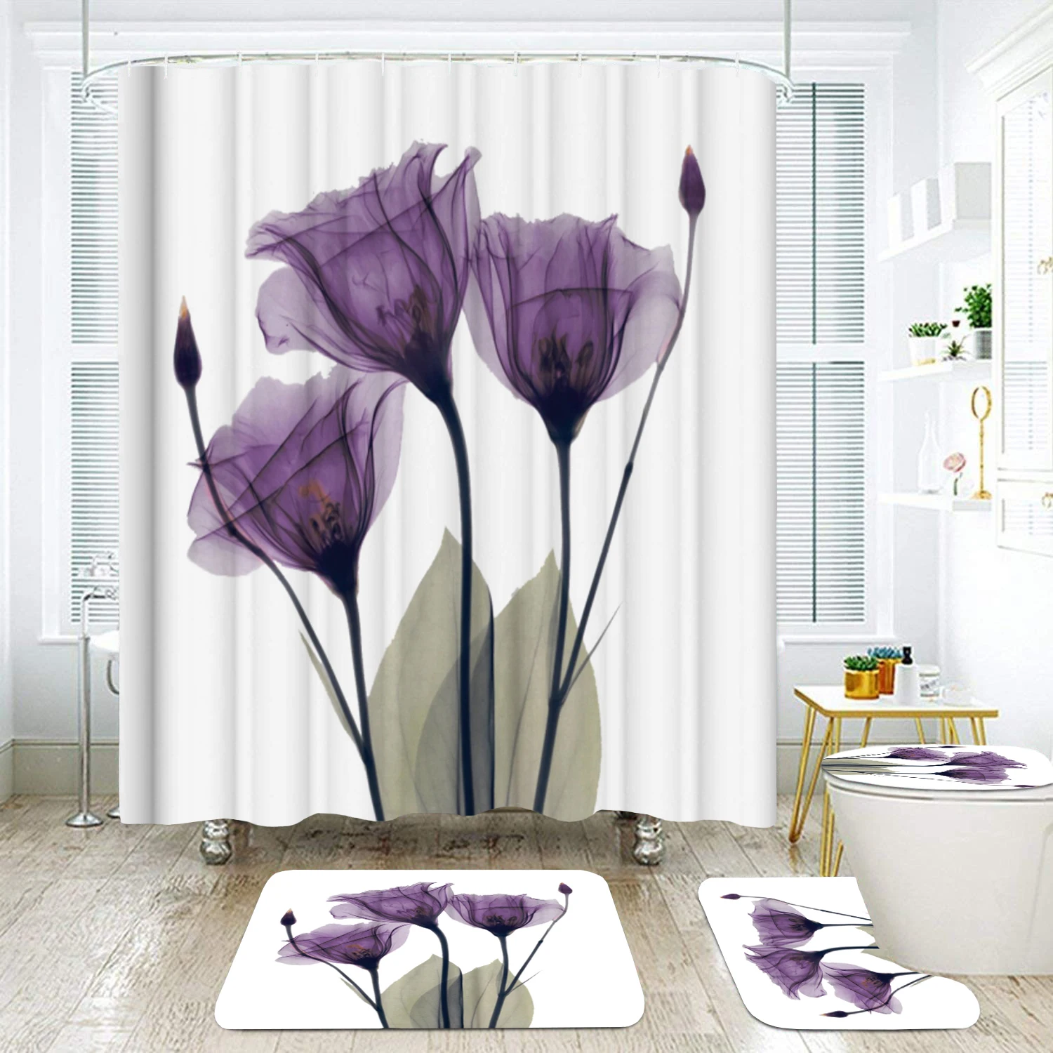 4PCS Flowers Shower Curtains Sets with Rugs Purple Tulip Toilet Cover Rugs Mat 