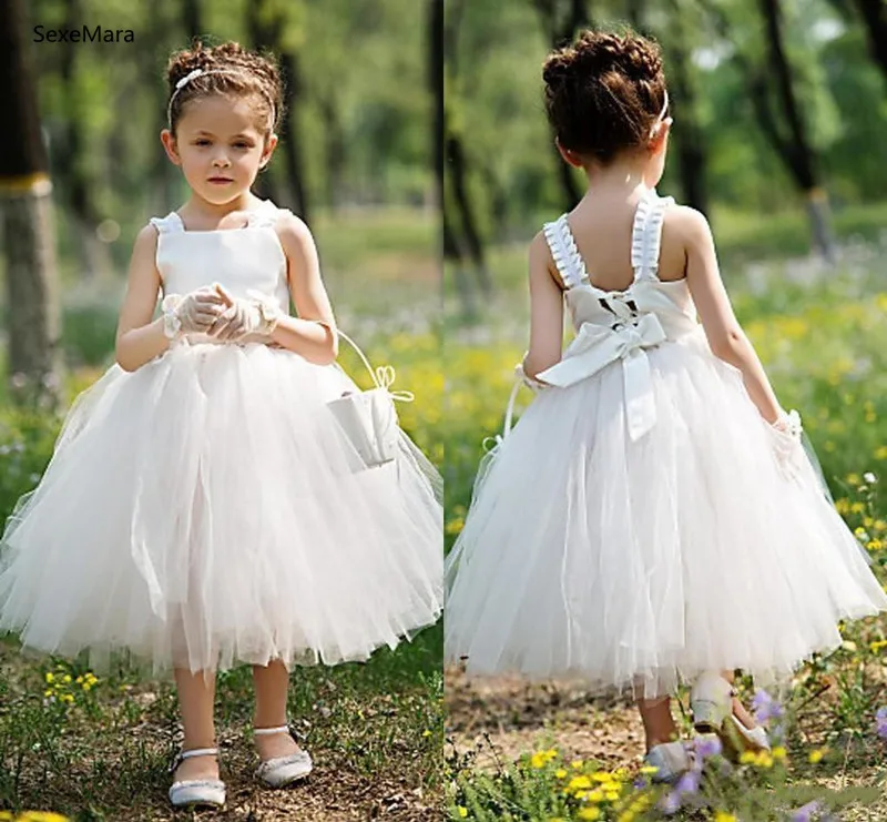 SexeMara Cute White Ivory Tea Length Flower Girl Dresses Tulle Sleeveless Kids Formal Wear Cloth Kids Birthday Dresses