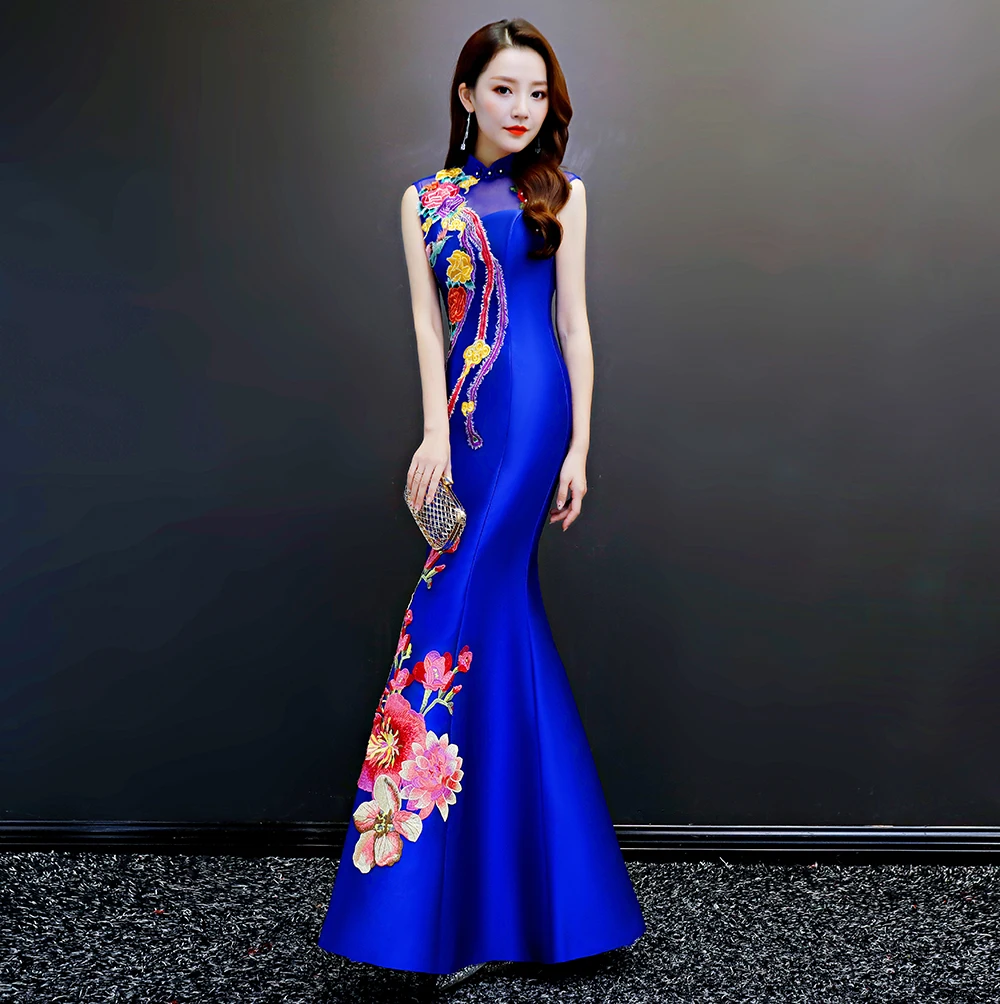 Pulpur полной длины Для женщин Китайский Стиль Вечеринка платье Тонкий Русалка Qipao пикантные туфли с низким вырезом на спине платье без рукавов Cheongsam Размеры S-xxl