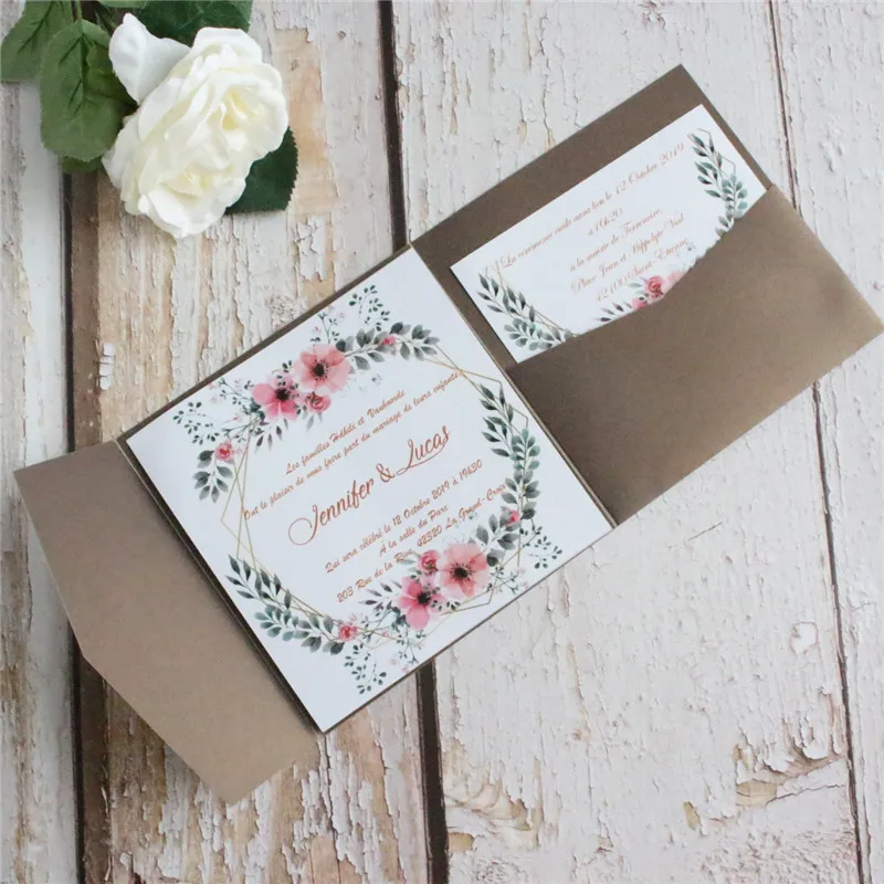 coffee Faire часть mariage свадебные Приглашения с изготовленные на заказ с принтом цветочной вставкой карты и пояс, 50 шт в наборе - Цвет: coffee