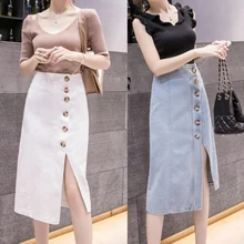 Модные женские юбки летние новые длинные секционные сексуальные тонкие однобортные женские юбки с разрезом и высокой талией W3