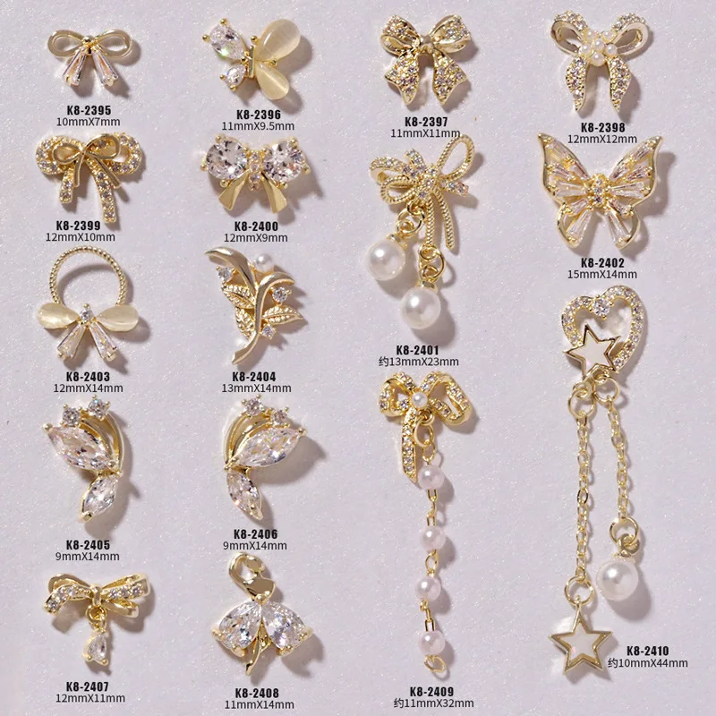 

2 Pcs Bowknot Luxury Zircon Pearl 3D Nail Art Decoration Alloy Diamond Crystal Jewelry Manicure Design Accessories