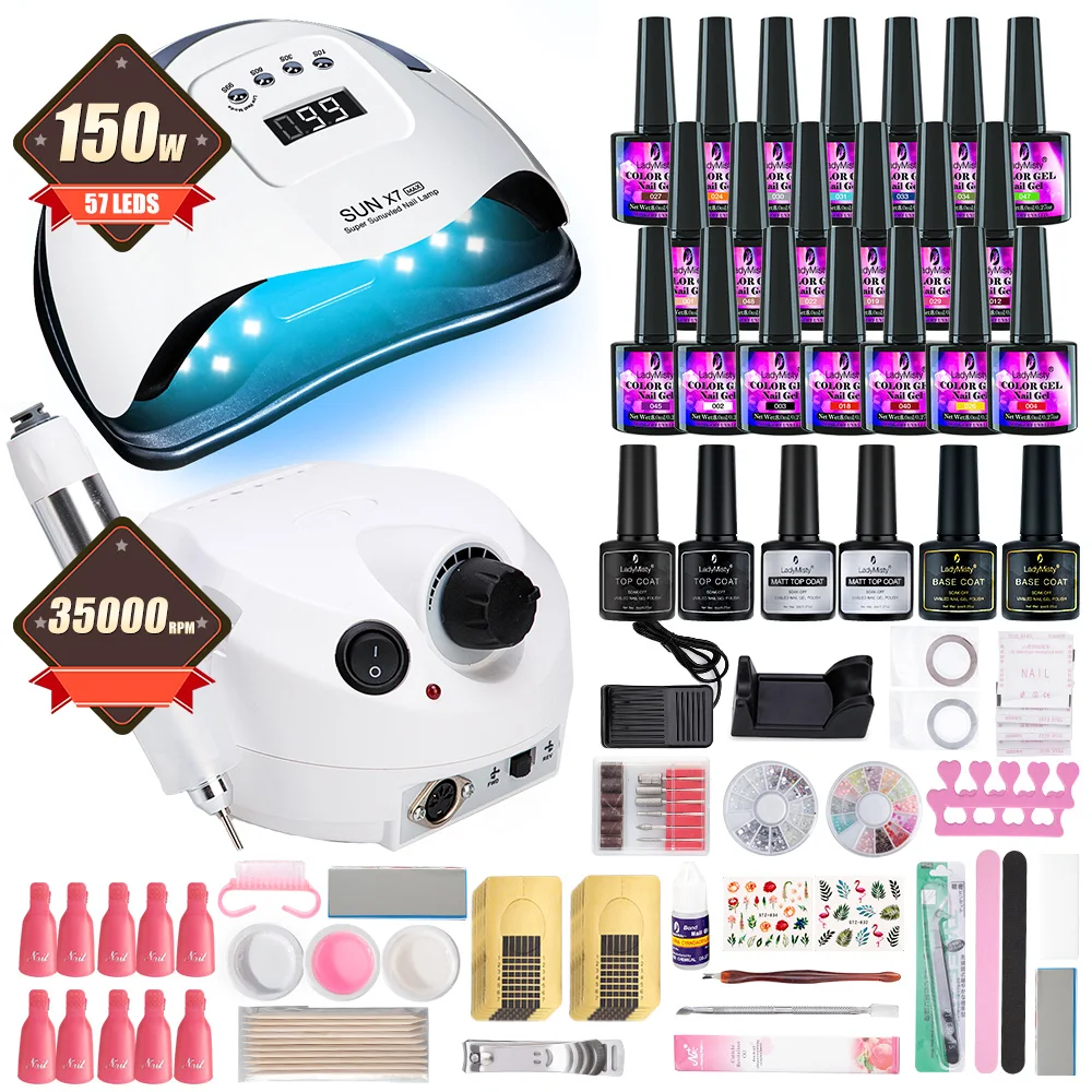 Manicure Set for Nail with 150W UV LED Lamp 35000RPM drill Machine Acrylic Kit 26pcs Gel Polish Art Tools | Красота и здоровье