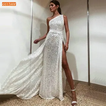 

Sparkly Silver Evening Gowns Long One Shoulder Sequin Side split Evening Dresses Slim fit Arabic Custom Made Women Formal Dress