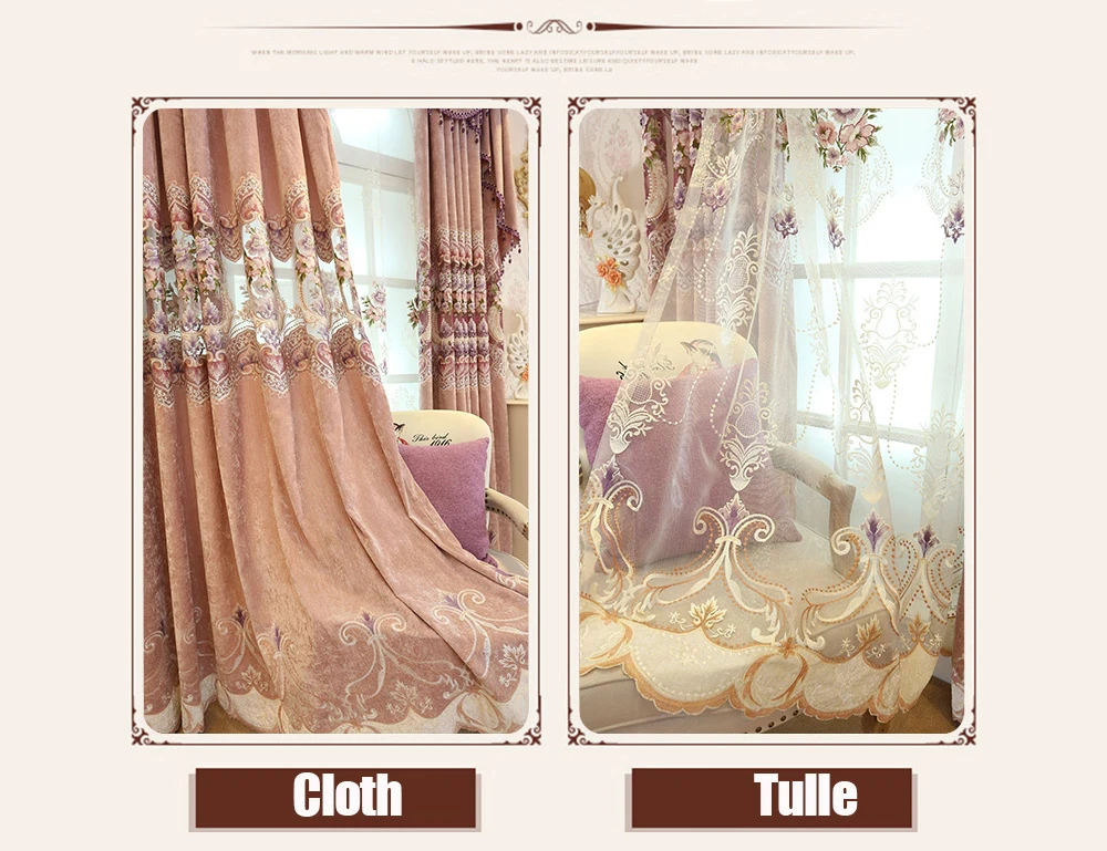 Pink High-end Curtains for Living Room Blue Peony Embroidery Chenille Luxury European Jacquard Floral Window Treatment Drapes