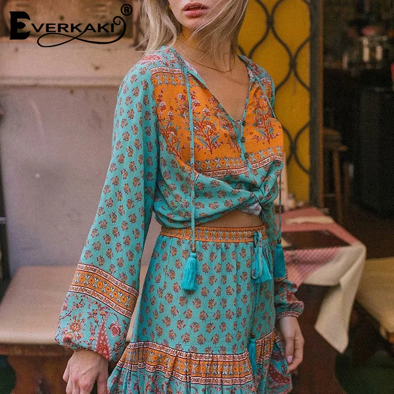  Everkaki Women Blouses Top Boho Floral Print Shirts Neck Tassels Tied Ladies Vintage Blouse Tops Fe