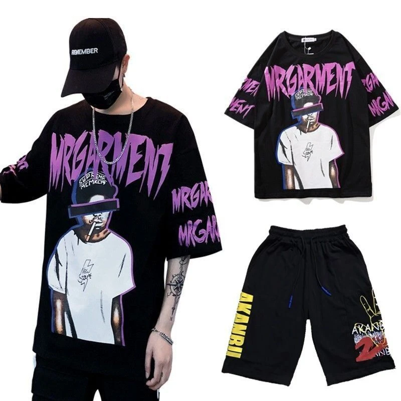 

2020 New T-shirt Suit Male Tide Brand Summer All Matching Casual Loose Trend Korean Style Of Hip Hop Cec7 Points Short Sleeve