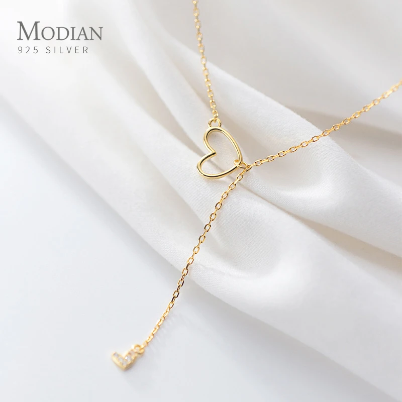 MODIAN Genuine 925 Sterling Silver Gold Color Cute Hollow Out Shining Zircon Hearts Pendant Necklace for Women Fine Jewelry Gift | Украшения
