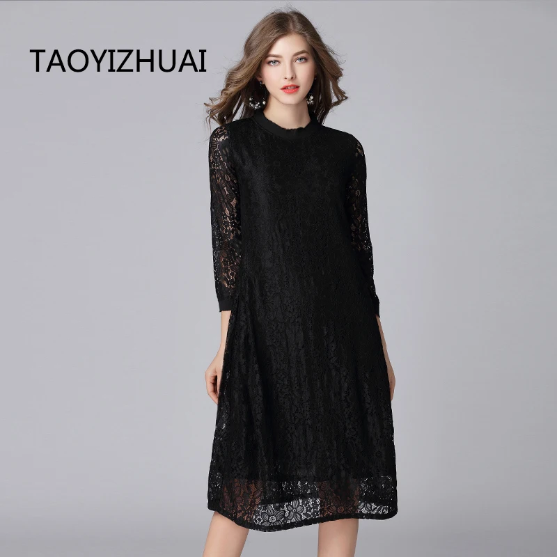 

TAOYIZHUAI autumn new arrival casual style loose lace dress black color solid plus size knee lenght party office dress 16030