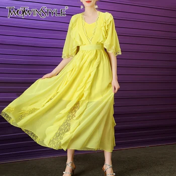

TWOTWINSTYLE Casual Patchwork Lace Women Dresses O Neck Butterfly Sleeve High Waist Ruffles Elegant Dress Female Fashion Clothes
